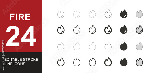 Collection of 24 Editable Stroke Line Fire Icons, Featuring Diverse Styles and Weights for Graphic Design, Web Interfaces, and Digital Illustrations, Displaying Modern Flat and Outline Concepts