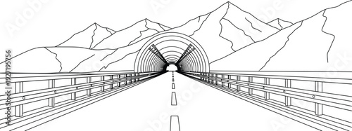 Monochrome line drawing depicting a road tunnel leading into a mountain range a perspective view on transparent background silhouette high quality