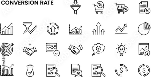 Conversion Rate Icons Set. Marketing Business Growth, Sales Funnel, Analytics, Strategy, and Success Line Vector Symbols