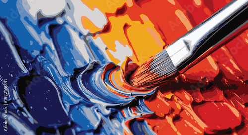Paintbrush mixing thick blue, orange, and red acrylic paint strokes