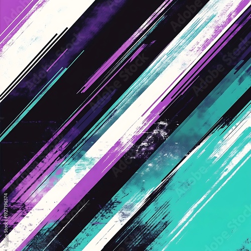 Modern artistic background with purple teal and white distressed diagonal stripes and ink splatter effects