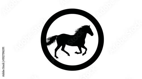 A silhouette of a galloping horse enclosed within a thick, black, circular frame against a white backdrop