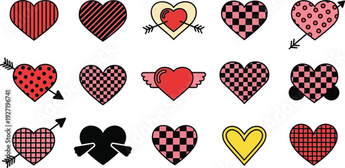 Collection of whimsical heart shapes and arrows featuring various patterns and designs on transparent background silhouette high quality professional detailed modern