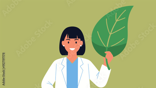 Smiling Woman in Lab Coat Holding Green Leaf. Natural Health, Herbal Medicine, Botanical Science, and Sustainable Wellness Illustration.