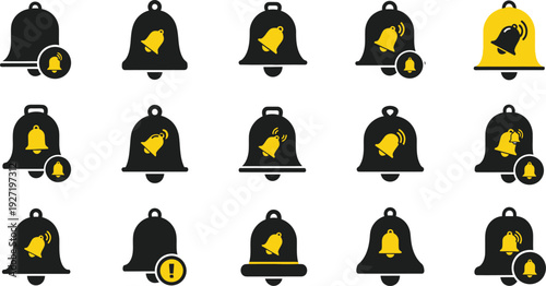 A collection of sixteen bell icons in black and yellow depicting various states on transparent background silhouette high quality professional detailed