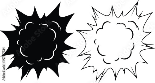 Two explosion graphic icons one black and one white with spiky bursts and cloud shapes on transparent background silhouette high quality