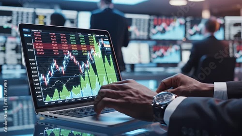 Close-up of a person in a suit typing on a laptop displaying stock market data