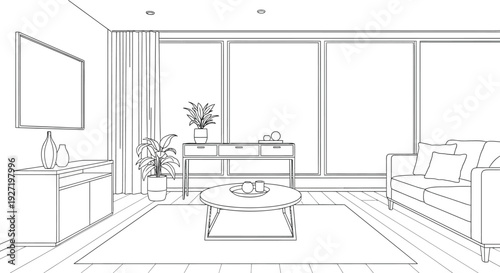 Monochrome line drawing of a modern living room interior featuring furniture windows and plants on transparent background silhouette high quality professional
