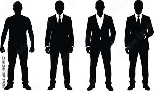 Black silhouette of four men standing in casual tshirt and professional formal business suits isolated on white background for corporate identity