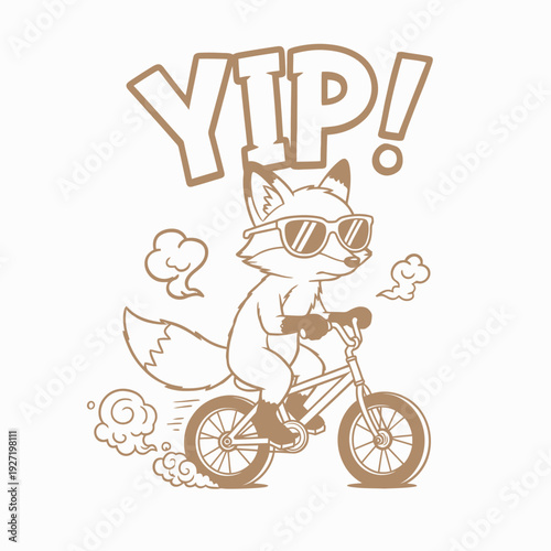 Cool Fox Riding a Bicycle with Sunglasses and YIP Text.
