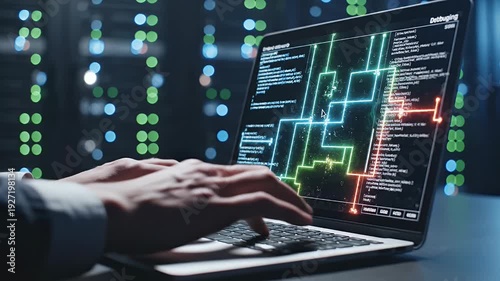 Hands typing code on a laptop with abstract digital patterns and bokeh lights