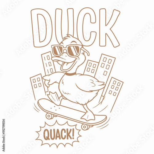 Cool duck wearing sunglasses riding a skateboard with quack text bubble.