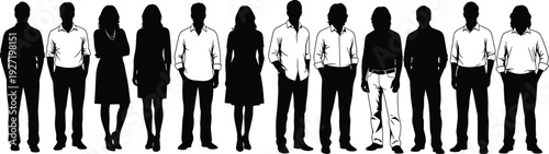 Silhouette group of diverse professional men and women standing in a row, business team collection, casual corporate people, isolated white background