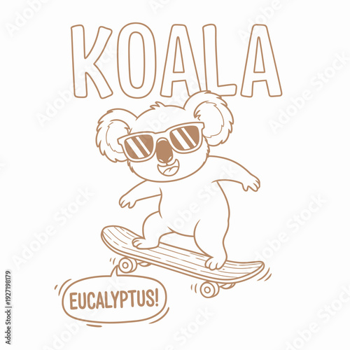 Cool Koala Skater with Sunglasses and Eucalyptus Speech Bubble.