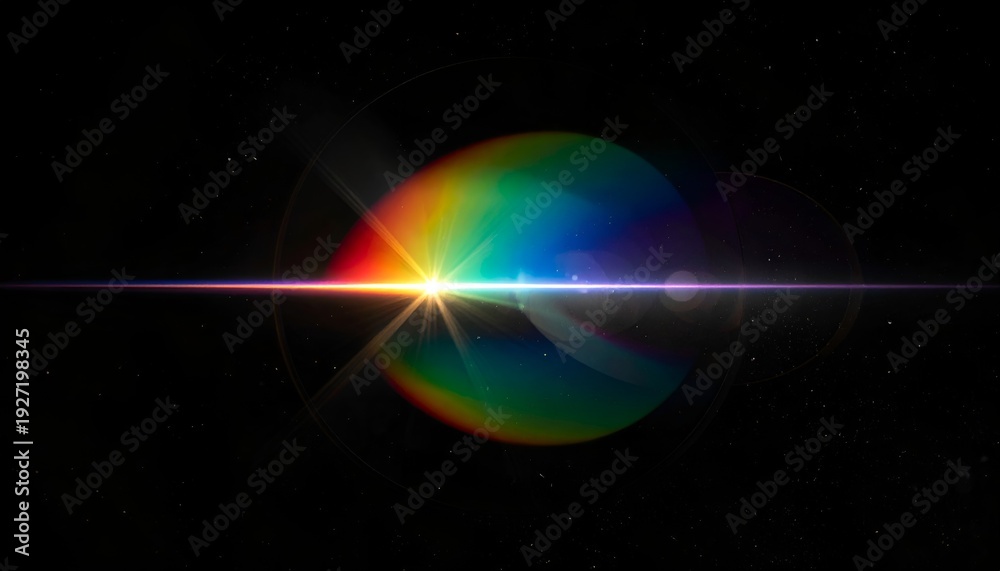 Obraz premium Colorful rainbow lens flare with a bright central light source against black