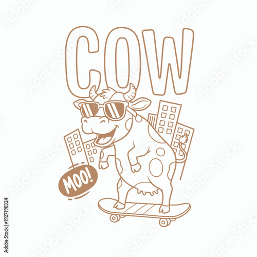 Cool Skater Cow with Sunglasses and Moo Speech Bubble.