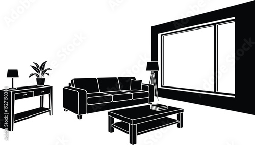 Black and white silhouette of a modern living room interior with sofa table window and lamps on transparent background high quality