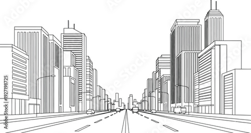 Detailed black and white skyline illustration depicting a city street with numerous buildings and vehicles on transparent background high quality professional