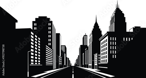 Black and white silhouette of a modern city skyline with a central road buildings and towers on transparent background high quality