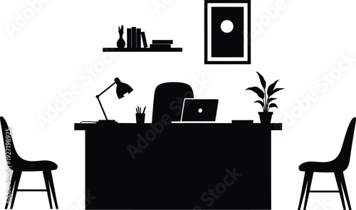 Office workspace silhouette featuring a desk chair lamp books and plant presented on transparent background high quality professional detailed modern elegant
