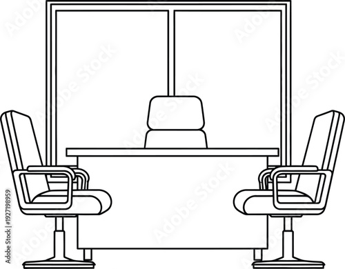 Black and white vector illustration depicting a conference table with chairs suitable for design projects on transparent background silhouette high quality