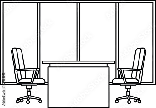 Modern office cubicle design featuring a desk and two chairs presented as a black and white silhouette on transparent background