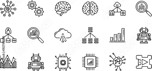 Artificial Intelligence, Big Data, Machine Learning, and Robotics Line Icons Set
