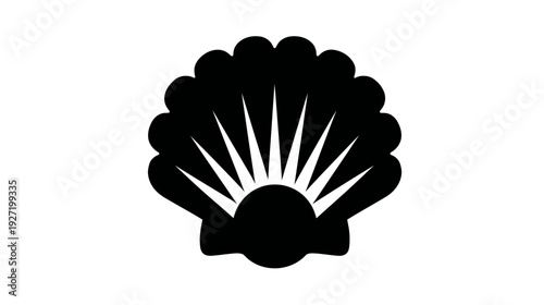A stylized black and white illustration of a seashell with sun rays emanating from inside