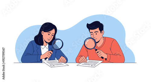 Business Team Conducting Detailed Document Analysis and Due Diligence with Magnifying Glasses