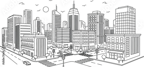 Black and white cityscape drawing with birds sun and buildings featuring a detailed silhouette on transparent background high quality professional modern