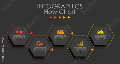 Modern infographic flow chart with colorful hexagons, arrows, and icons for business process visualization and data presentation. Vector illustration.