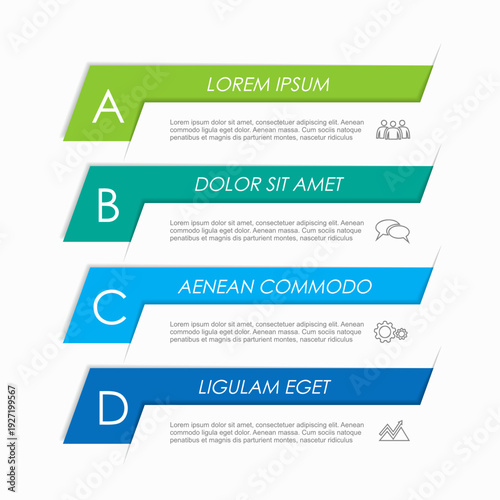 Four-tiered stepped infographic with labeled colored banners, placeholder text, and icons, ideal for ranked lists, phases, or comparative categories. Vector illustration.