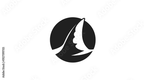 A black circle with a stylized white wing design, possibly of a bird, inside. Minimalist