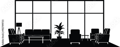 Modern living room interior design with sofas chairs a lamp and plants depicted as a black silhouette on transparent background
