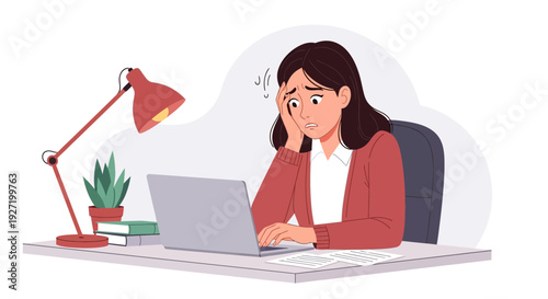 Stressed Woman Overwhelmed by Work on Laptop. Burnout & Anxiety. Female Employee Facing Deadline Pressure & Mental Health Challenges. Flat Vector Illustration.