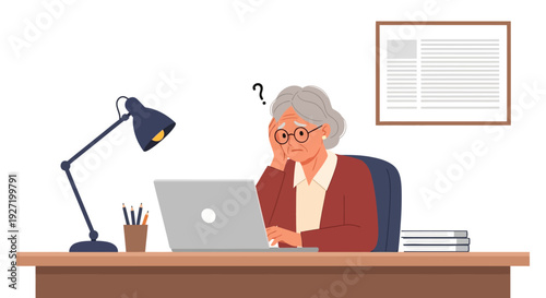 Confused Senior Woman Working on Laptop, Facing Digital Literacy Challenges and Technology Frustration