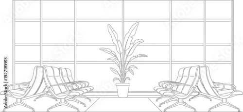 Monochrome illustration depicting chairs and a plant against a window with a grid pattern on transparent background silhouette high quality professional