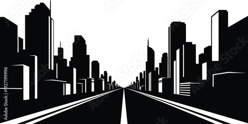Black and white cityscape silhouette depicting a road receding into a dense urban skyline on transparent background high quality professional detailed