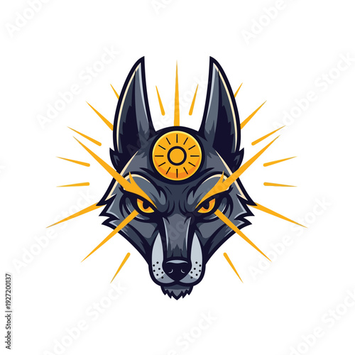 Fierce Wolf Head Logo, Esoteric Mascot Icon with Third Eye Sun Symbol and Radiant Halo Burst
