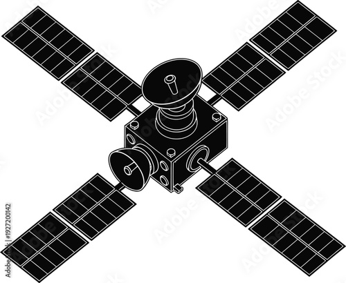 Detailed black satellite with solar panels and antenna a space exploration icon rendered as a silhouette on transparent background high quality