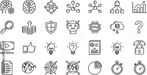 Hand-drawn Line Icons: AI, Machine Learning, Data Science, Technology, and Business Analytics Doodles Set