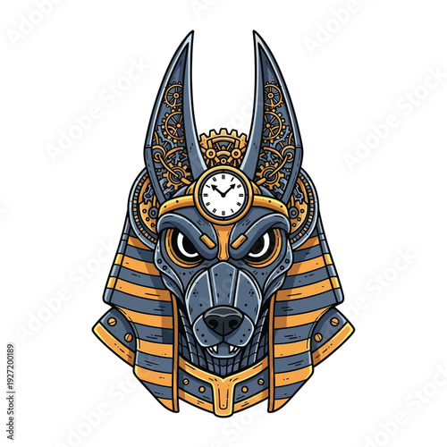 Steampunk Anubis Head Illustration. Egyptian Mythology God of the Dead Portrait with Clockwork, Gears, and Mechanical Details. Vector Mascot Design.