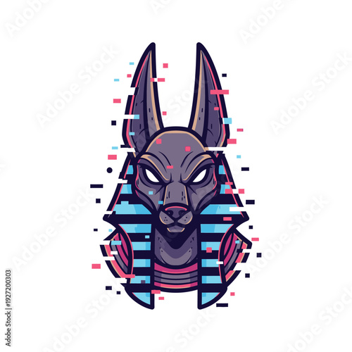 Cyber Glitch Anubis Head Mascot Logo. Distorted Egyptian God of the Dead Illustration with Neon Retro Digital Effect.