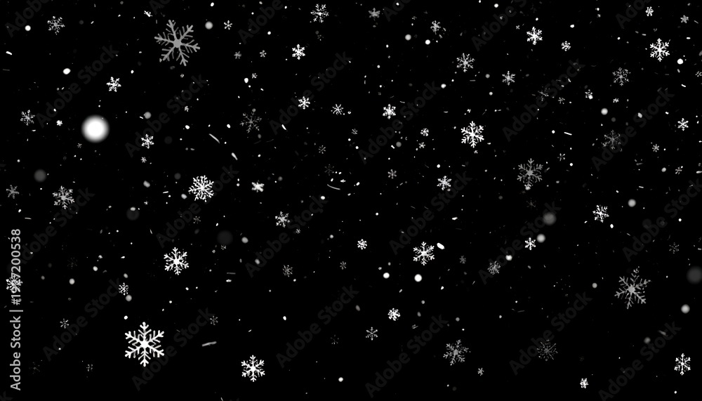 Obraz premium Falling snowflakes, various sizes, against a black background