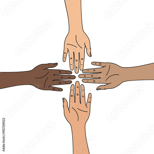 Diverse Hands Coming Together in Unity and Cooperation Symbolizing Teamwork Inclusion and Togetherness Across Different Skin Tones