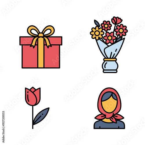 Festive Red Gift Box with Yellow Ribbon Vibrant Bouquet of Mixed Flowers in a Blue Vase Single Red Tulip with Leaf and Woman Wearing a Red Headscarf All on Black