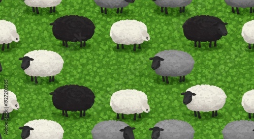 A seamless pattern featuring a flock of black, white, and grey sheep standing on a vibrant green grassy field with a repeating texture