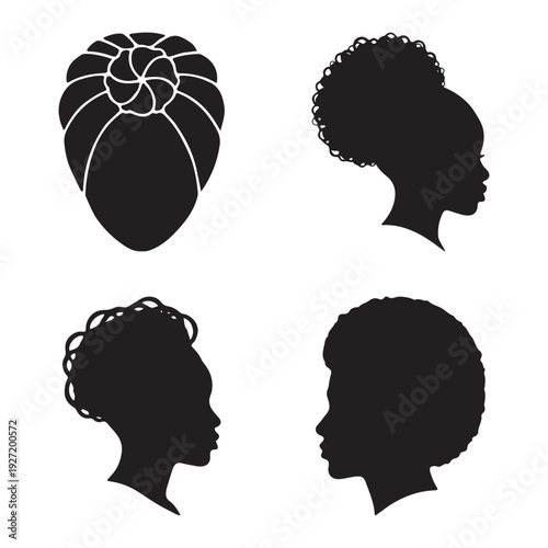 Set of African American Woman Silhouettes with Natural Hair and Headwrap