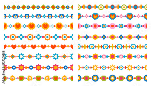 A set of sixteen vibrant, colorful seamless borders featuring geometric and floral patterns with stars, hearts, and beads. Сhildren's jewelry, friendship bracelets. Ideal for decoration, scrapbooking.