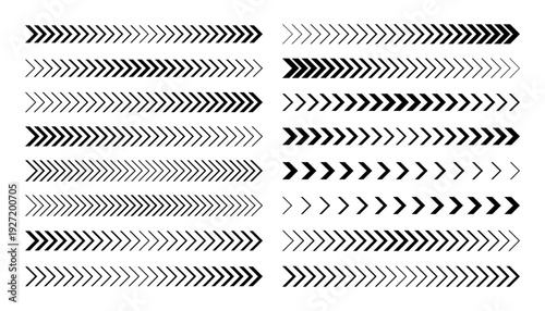 Set of black sports racing stripes and chevron arrow decals for vehicle tuning. Dynamic geometric patterns for car, motorcycle, and boat stickers isolated on a white background.